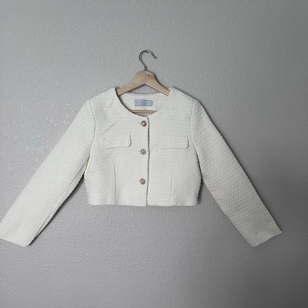 Women's Lyra & Co Ivory Cream Colored Cropped Tweed  Jacket Size Large Old Money